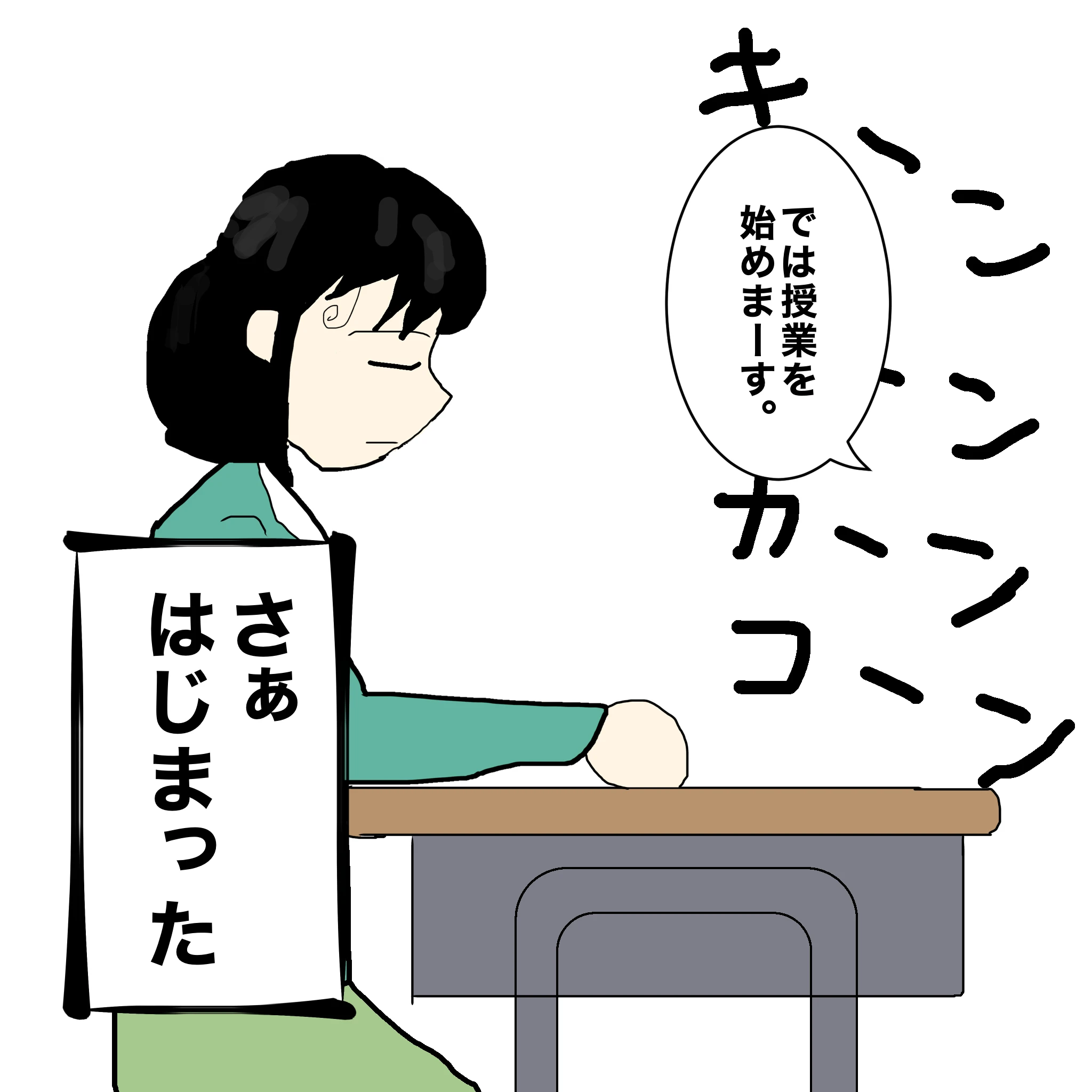 教室：キーンコーンカーンコーン 先生：「では授業はじめまーす」 つらこ：「さぁはじまった」