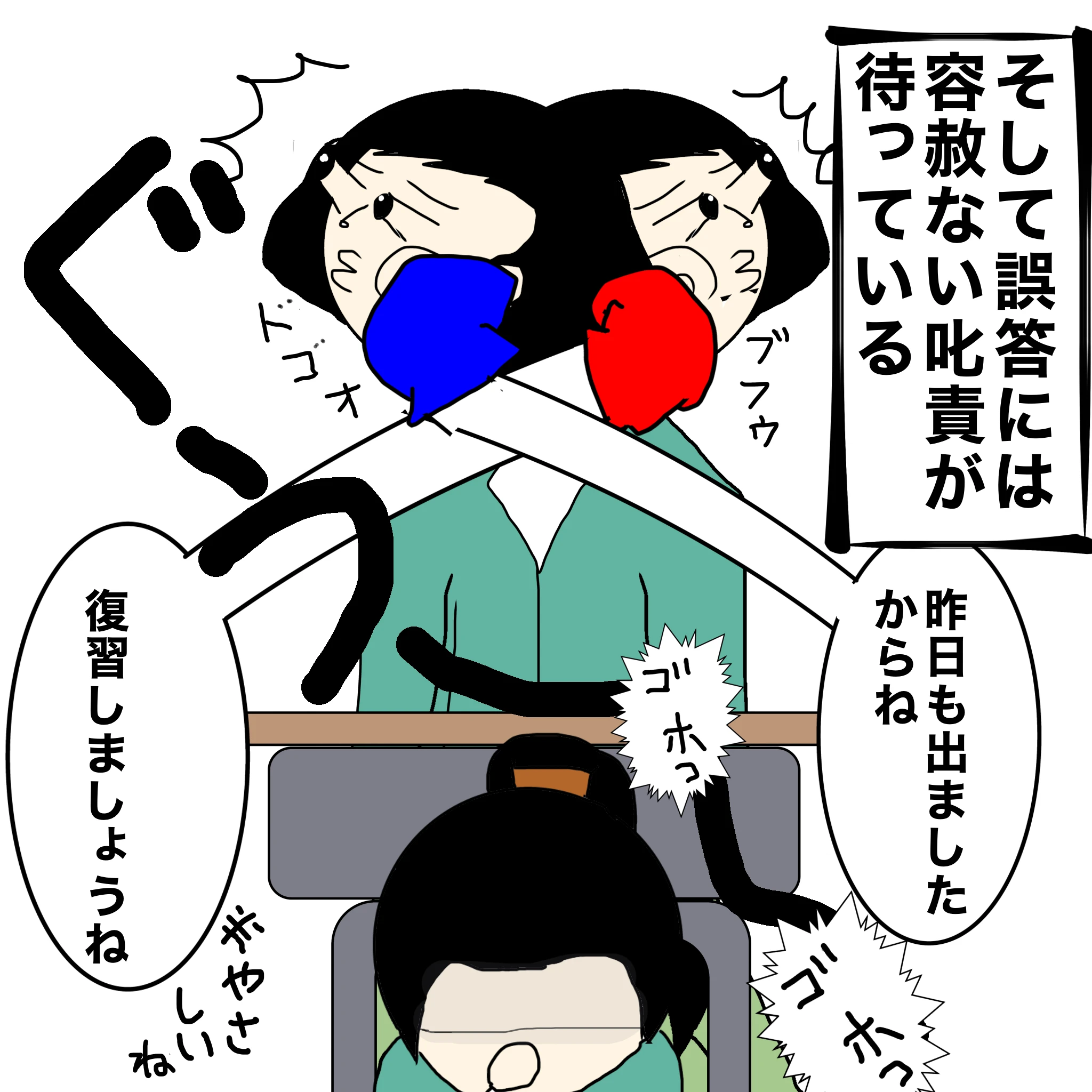 つらこ：「そして誤答には容赦ない叱責が待っている」 教師：「昨日も出ましたからね」「復習しましょうね」※作者：やさしいね 教室：ぐう～～～～ゴホっ～～～ゴホっ～～