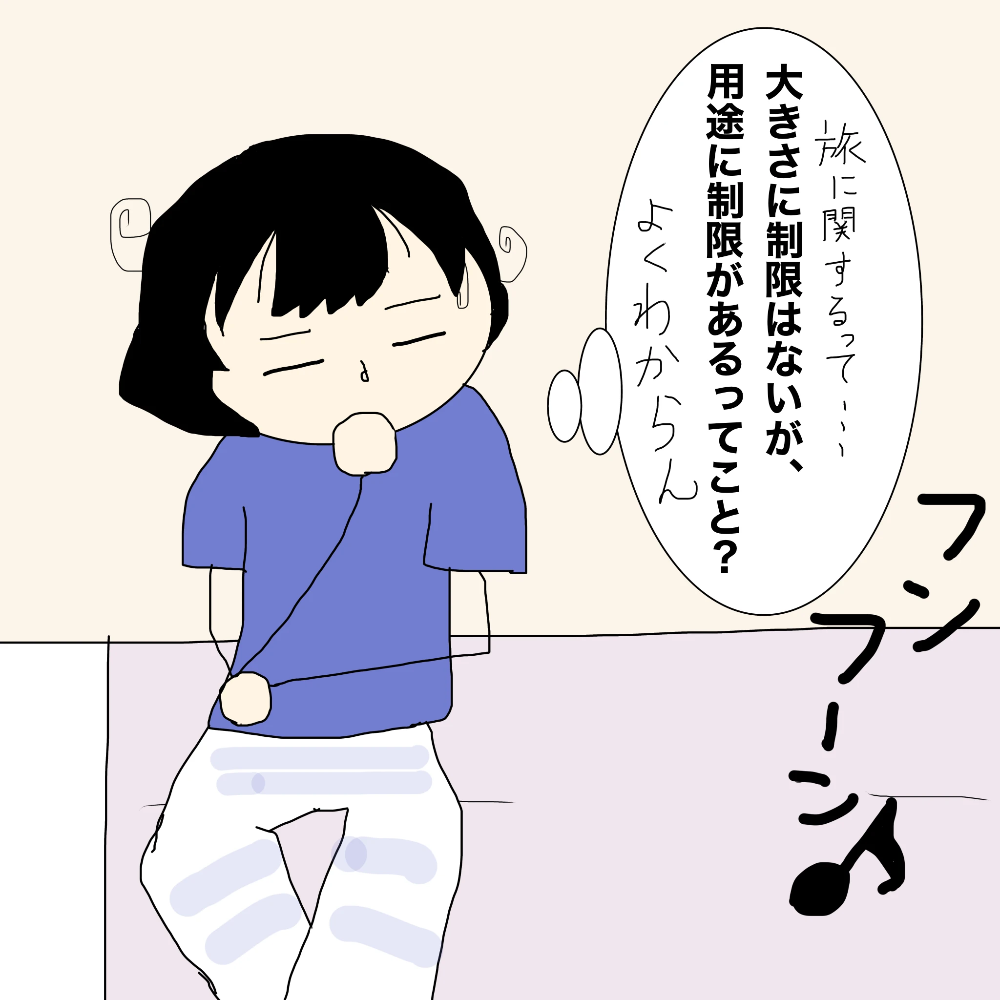 ？：「フンフーン♪」 つらこ：「旅に関するって・・・大きさに制限はないが、用途に制限があるってこと？よくわからん」