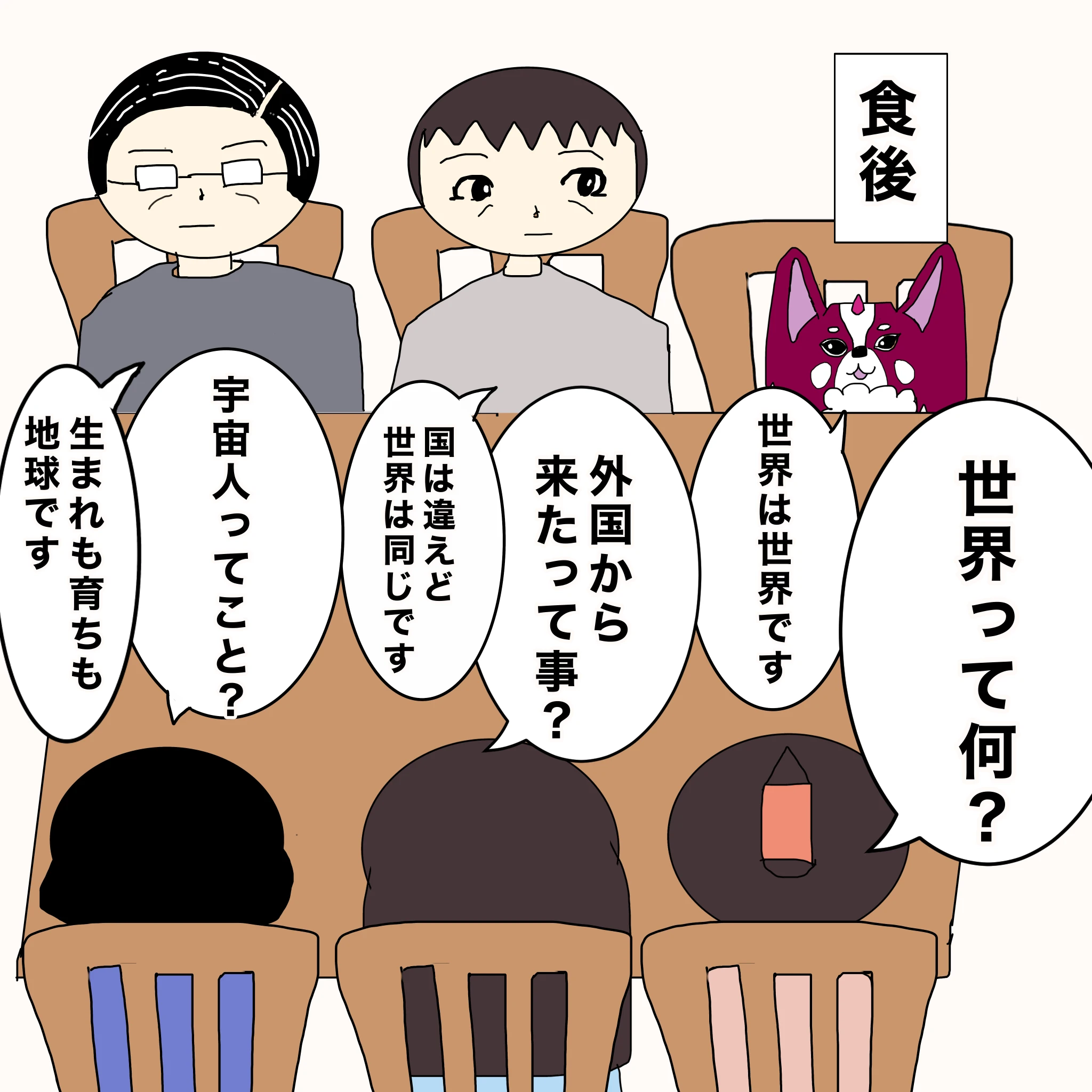 食後 いもこ：「世界って何？」 ？：「世界は世界です」なしこ：「外国から来たってこと？」 ？：「国は違えど世界は同じです」 つらこ：「宇宙人ってこと？」 ?：「生まれも育ちも地球です」