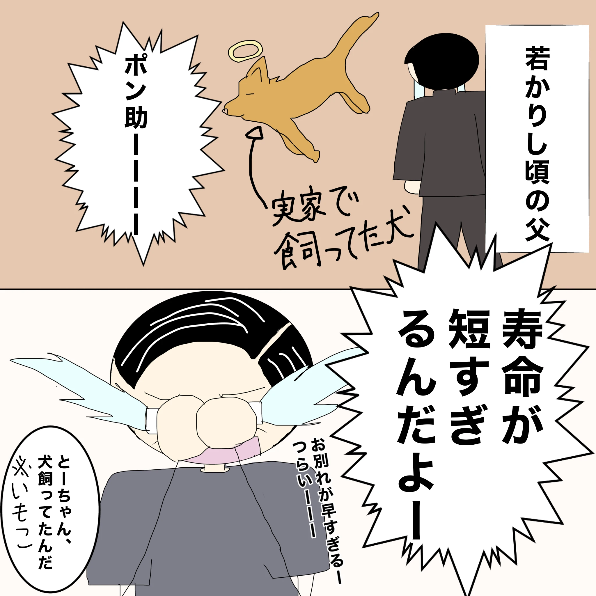 父：「寿命が短すぎるんだよー」「お別れが早すぎるーつらいーーー」 いもこ：「とーちゃん、犬飼ってたんだ」